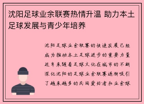 沈阳足球业余联赛热情升温 助力本土足球发展与青少年培养